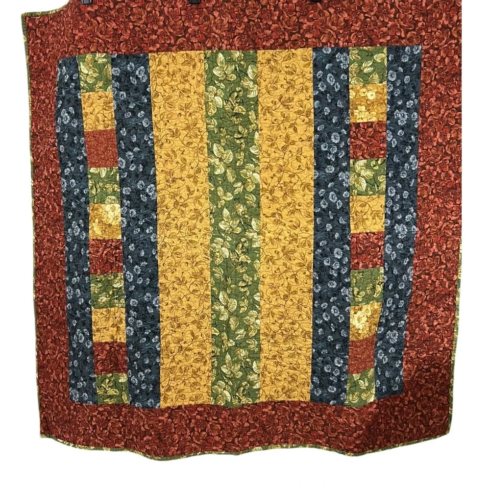 Handmade Patchwork Rustic Floral Quilt  Rust Gold Green Navy 50x50 Throw Blanket